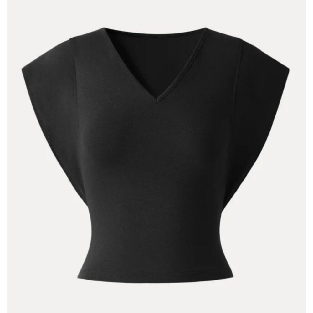 OGL Elevated V-Neck Side Ruched Cap Sleeve Bra Tee Black Size XS New